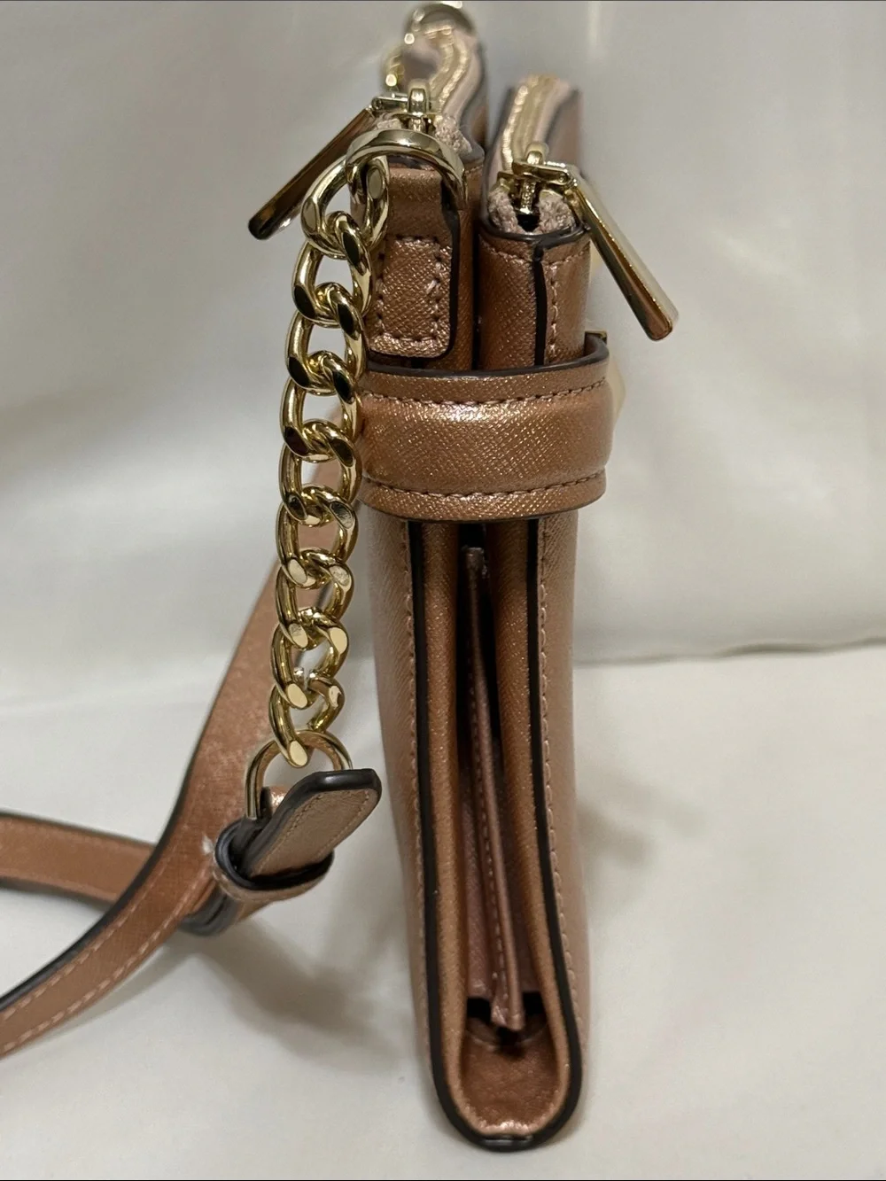 Michael Kors Karla Metallic Leather East West Crossbody In Ballet/Rose Gold